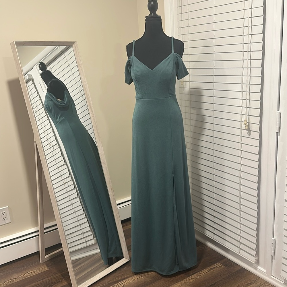 Birdie Grey off the shoulder bridesmaid dress in green (looks like eucalyptus)